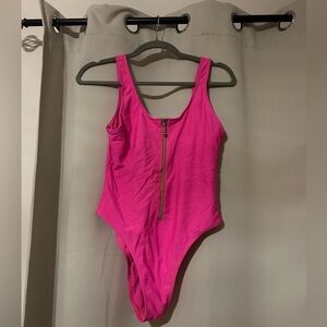 Pink zip front cheeky bathing suit